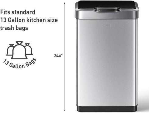 EKO Mirage-T 50 Liter / 13.2 Gallon Touchless Rectangular Motion Sensor Trash Can, Brushed Stainless Steel Finish