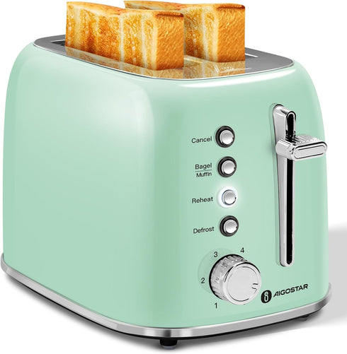 Aigostar Toaster 2 Slice Retro Toaster Stainless Steel, 1.6 inch Extra Wide Slots Bread Toaster Bagel, Cancel, Defrost Function, 6 Shade Settings