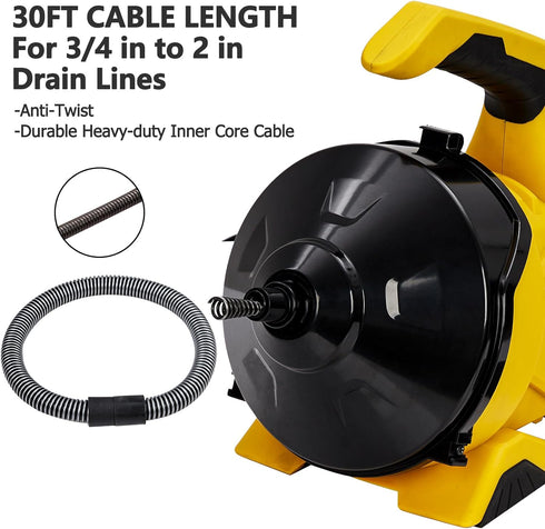 PIONEERWORKS Drain Cleaner Machine 30Ft x 3/10In, Auto-feed Electric Drain Auger for 3/4In - 2In Pipes, Cable in Piano Wire, with Foot Switch, Sewer Snake for Sinks