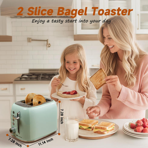 Aigostar Toaster 2 Slice Retro Toaster Stainless Steel, 1.6 inch Extra Wide Slots Bread Toaster Bagel, Cancel, Defrost Function, 6 Shade Settings
