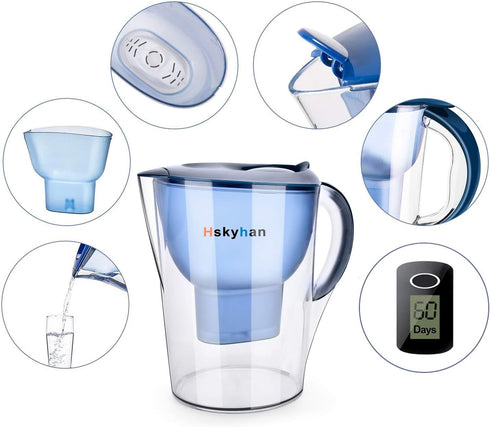 Hskyhan Alkaline Water Filter Pitcher - 3.5 Liters Improve PH, 2 Filters Included, BPA Free, 7 Stage Filteration System to Purify