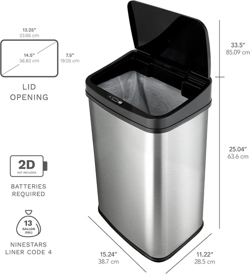 NINESTARS DZT-50-28 Automatic Touchless Motion Sensor Rectangular Trash Can, 13 Gal, Black Trim