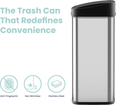 NINESTARS DZT-50-28 Automatic Touchless Motion Sensor Rectangular Trash Can, 13 Gal, Black Trim