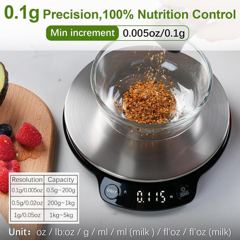 Smart Food Scale with Nutritional Calculator, 0.1g / 0.005oz High Precision, 5kg / 11lb, Free APP with Calorie Counter