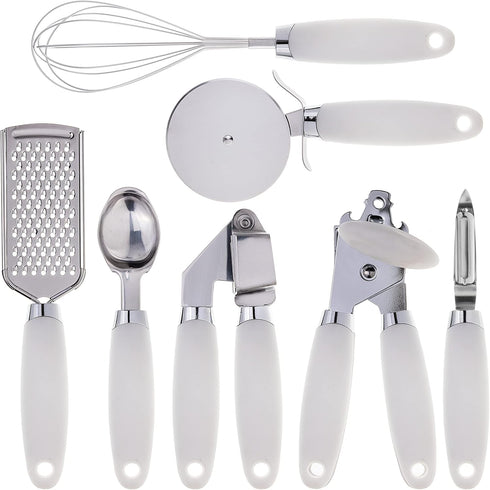 COOK WITH COLOR Kitchen Gadget Set Stainless Steel Utensils with Soft Touch Handles, 7 Pieces, Stainless Steel White