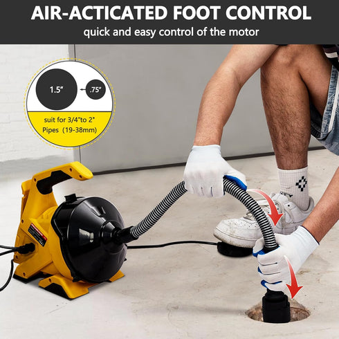 PIONEERWORKS Drain Cleaner Machine 30Ft x 3/10In, Auto-feed Electric Drain Auger for 3/4In - 2In Pipes, Cable in Piano Wire, with Foot Switch, Sewer Snake for Sinks