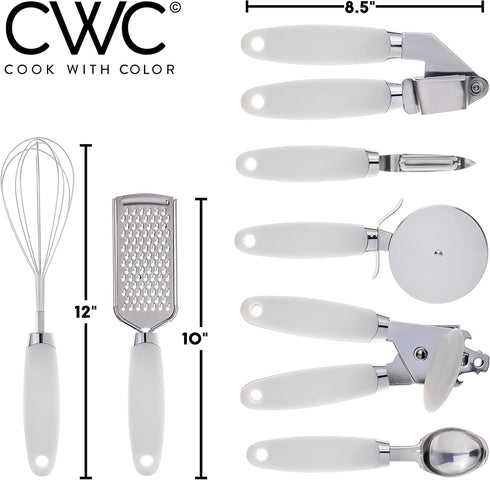 COOK WITH COLOR Kitchen Gadget Set Stainless Steel Utensils with Soft Touch Handles, 7 Pieces, Stainless Steel White