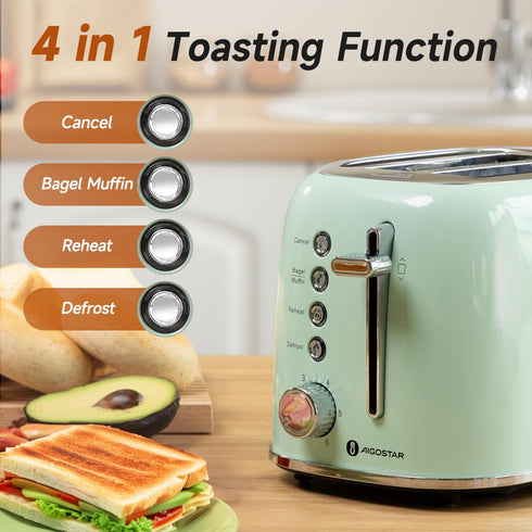 Aigostar Toaster 2 Slice Retro Toaster Stainless Steel, 1.6 inch Extra Wide Slots Bread Toaster Bagel, Cancel, Defrost Function, 6 Shade Settings
