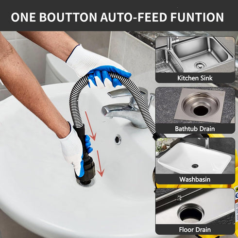 PIONEERWORKS Drain Cleaner Machine 30Ft x 3/10In, Auto-feed Electric Drain Auger for 3/4In - 2In Pipes, Cable in Piano Wire, with Foot Switch, Sewer Snake for Sinks