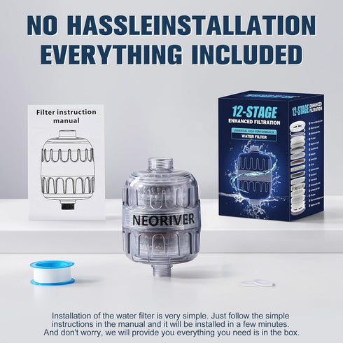 NEORIVER 12-Stage Shower Head Filter with Vitamin C for Hard Water - High Output - Remove Water Impurities, Chlorine and Odor