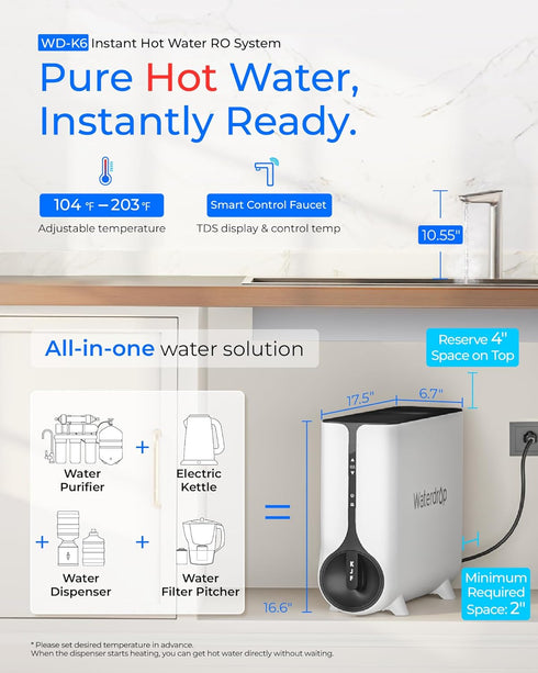 Waterdrop WD-KJ600 Reverse Osmosis System with Hot & Cold Water Dispenser - Tankless