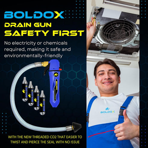 Boldox Drain Gun AC Condensate Line Cleaner with 4 Threaded CO2 Cartridges - Clears Buildup & Debris in AC Drain Tubes