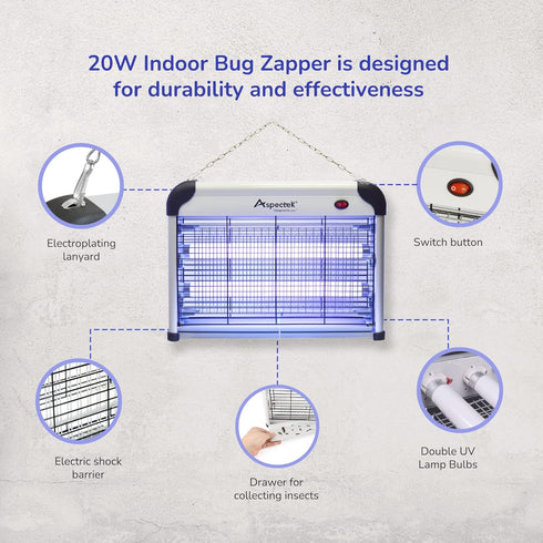 ASPECTEK Powerful 20W Indoor Bug Zapper - Electric Fly Trap, Mosquito Killer with UV Lamp