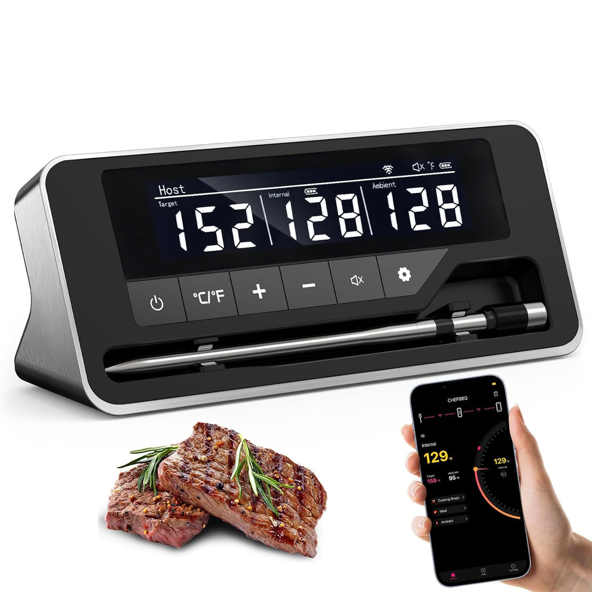 NoWoW Meat Thermometer Wireless, 800FT Bluetooth Digital Thermometer w ...